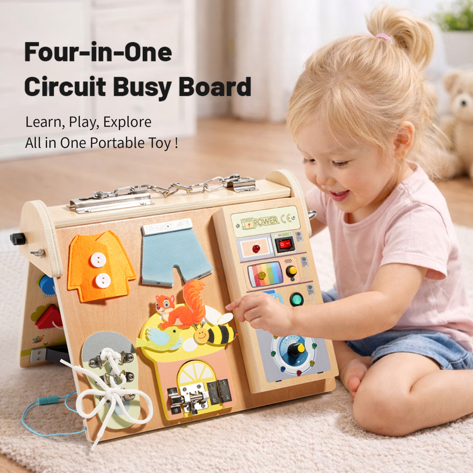 Kids Education Board - Wooden 4-in-1 Busy Board with LED